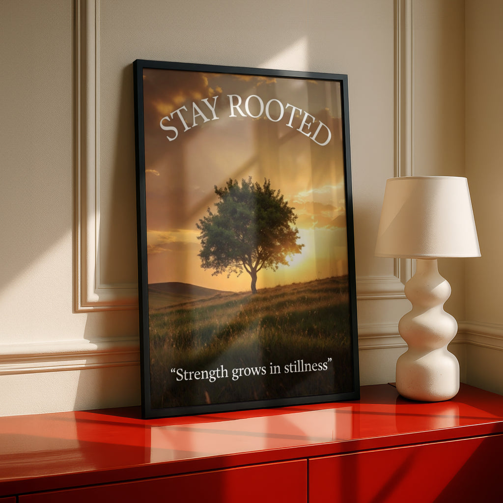 Stay Rooted Inspirational Tree Poster, Strength Quote Wall Art, Sunset Nature Print