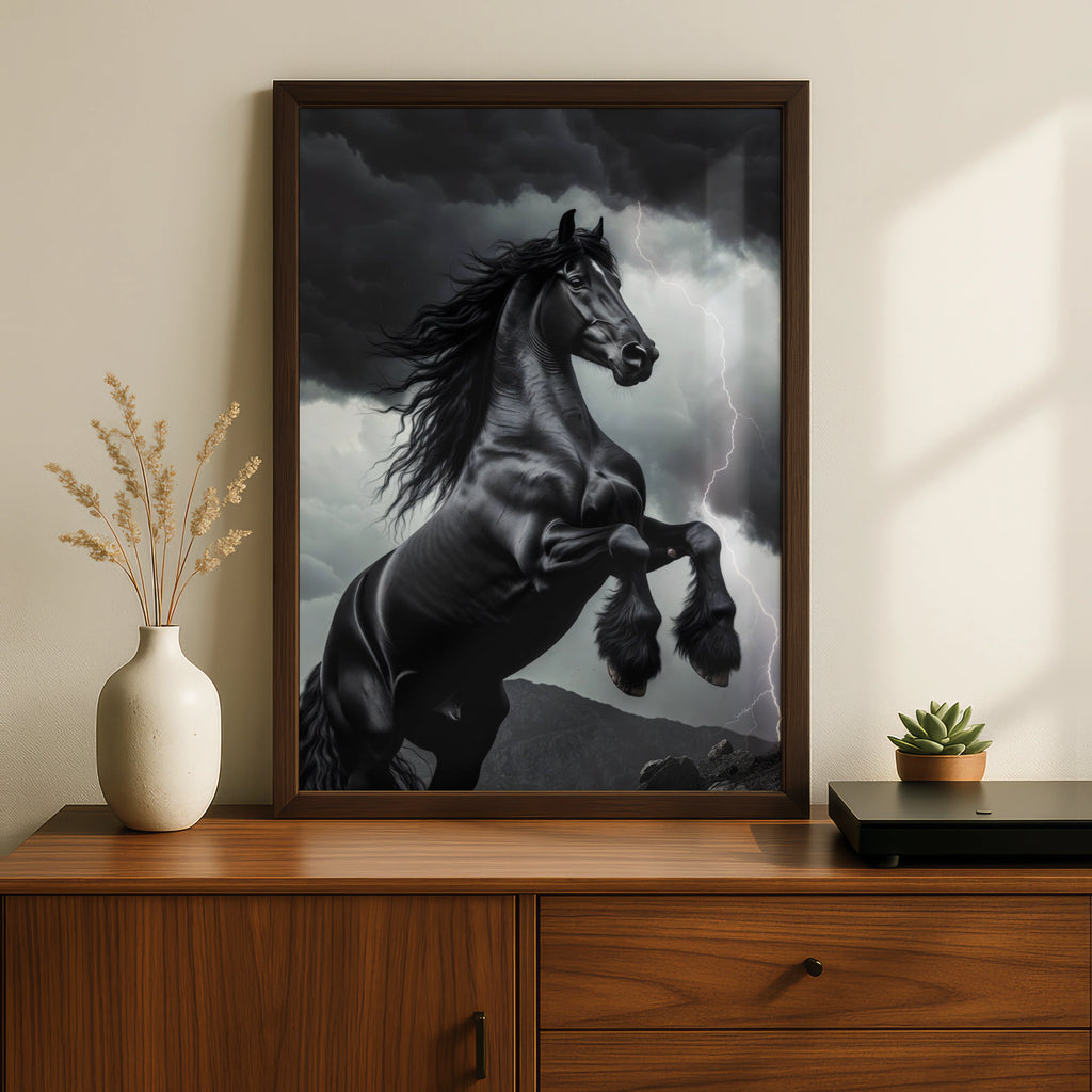 Black Horse Rearing in Storm Poster, Dramatic Lightning Wall Art, Friesian Print