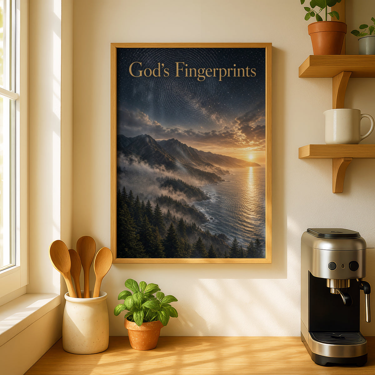 God's Fingerprints Spiritual Nature Poster, Coastal Mountain Sunset Wall Art, Christian Faith Print