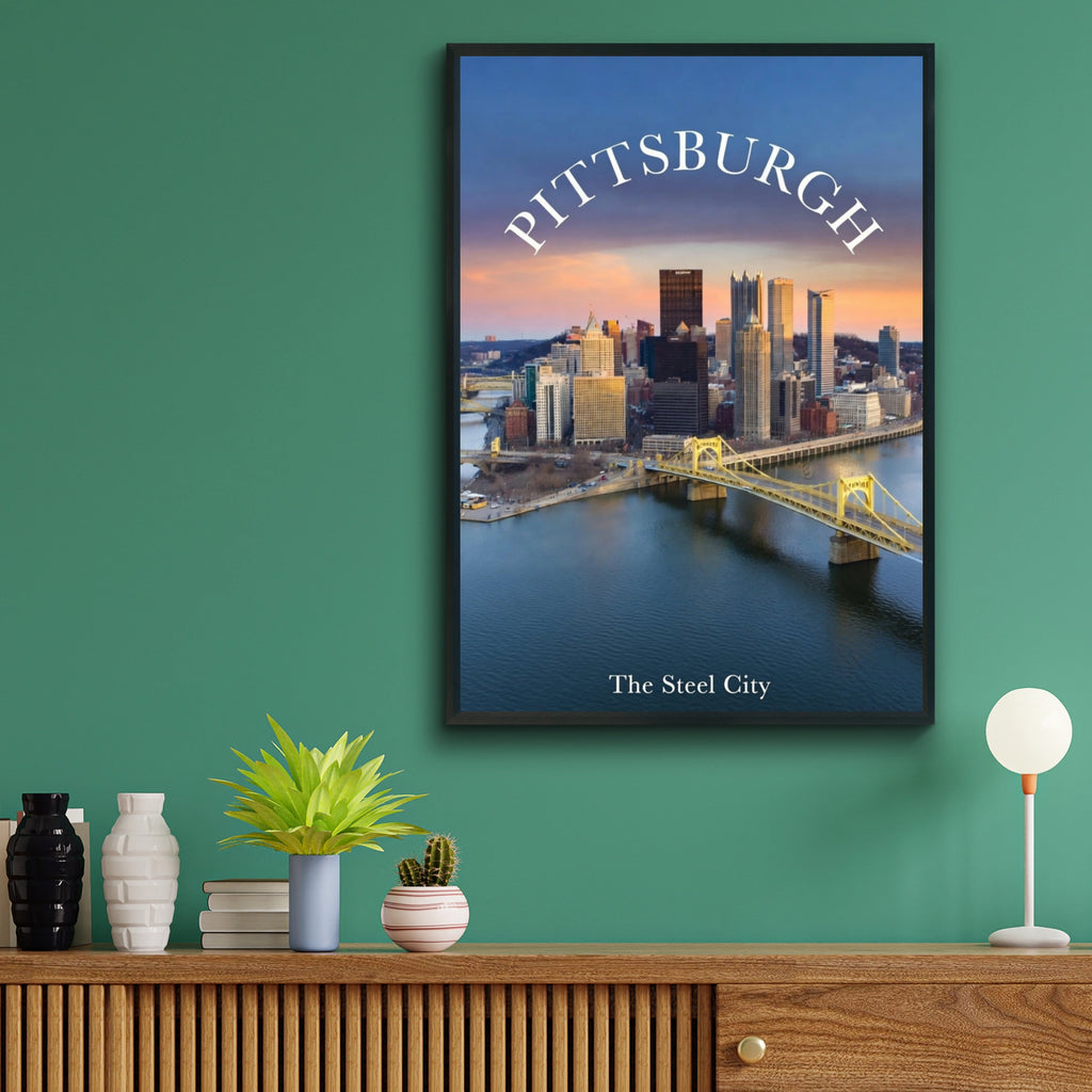 Pittsburgh Skyline Poster, Steel City Wall Art, Yellow Bridge Pennsylvania Print