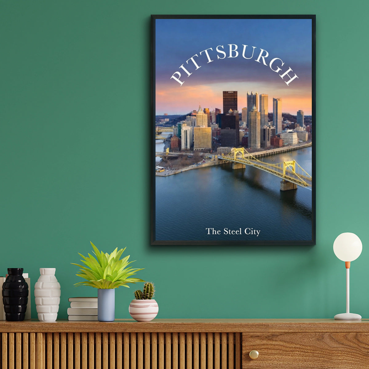 Pittsburgh Skyline Poster, Steel City Wall Art, Yellow Bridge Pennsylvania Print