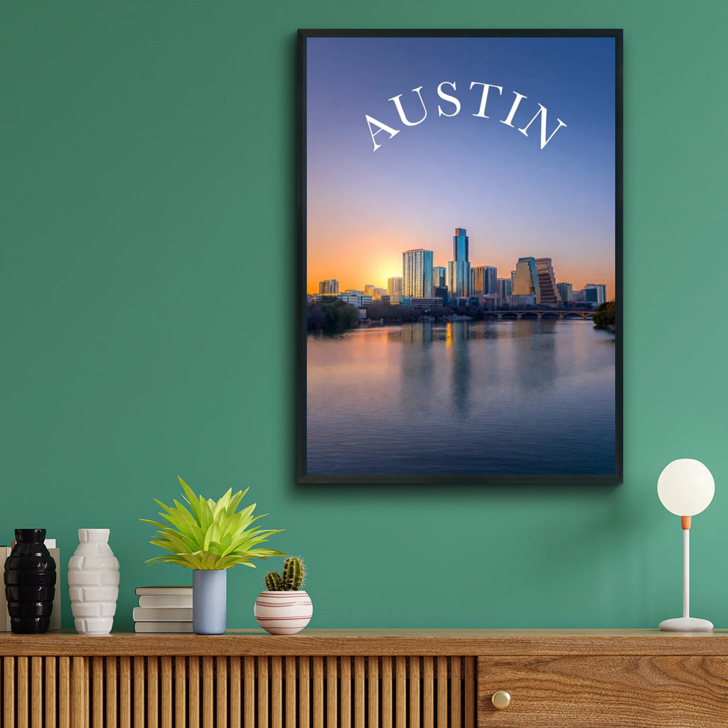 Austin Texas Skyline Poster, City Wall Art, Sunset Lake Reflection Print, Texas Gift
