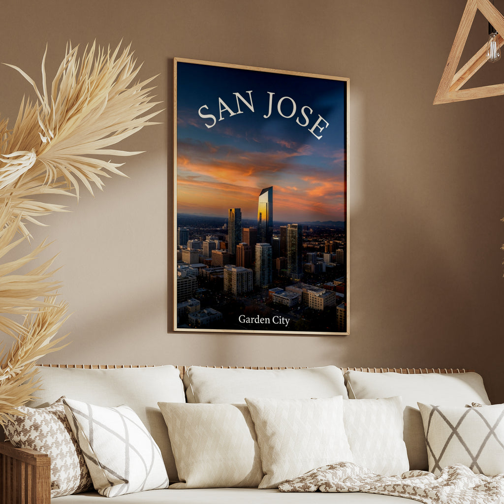 San Jose California Skyline Poster, Garden City Sunset Wall Art, Silicon Valley Print