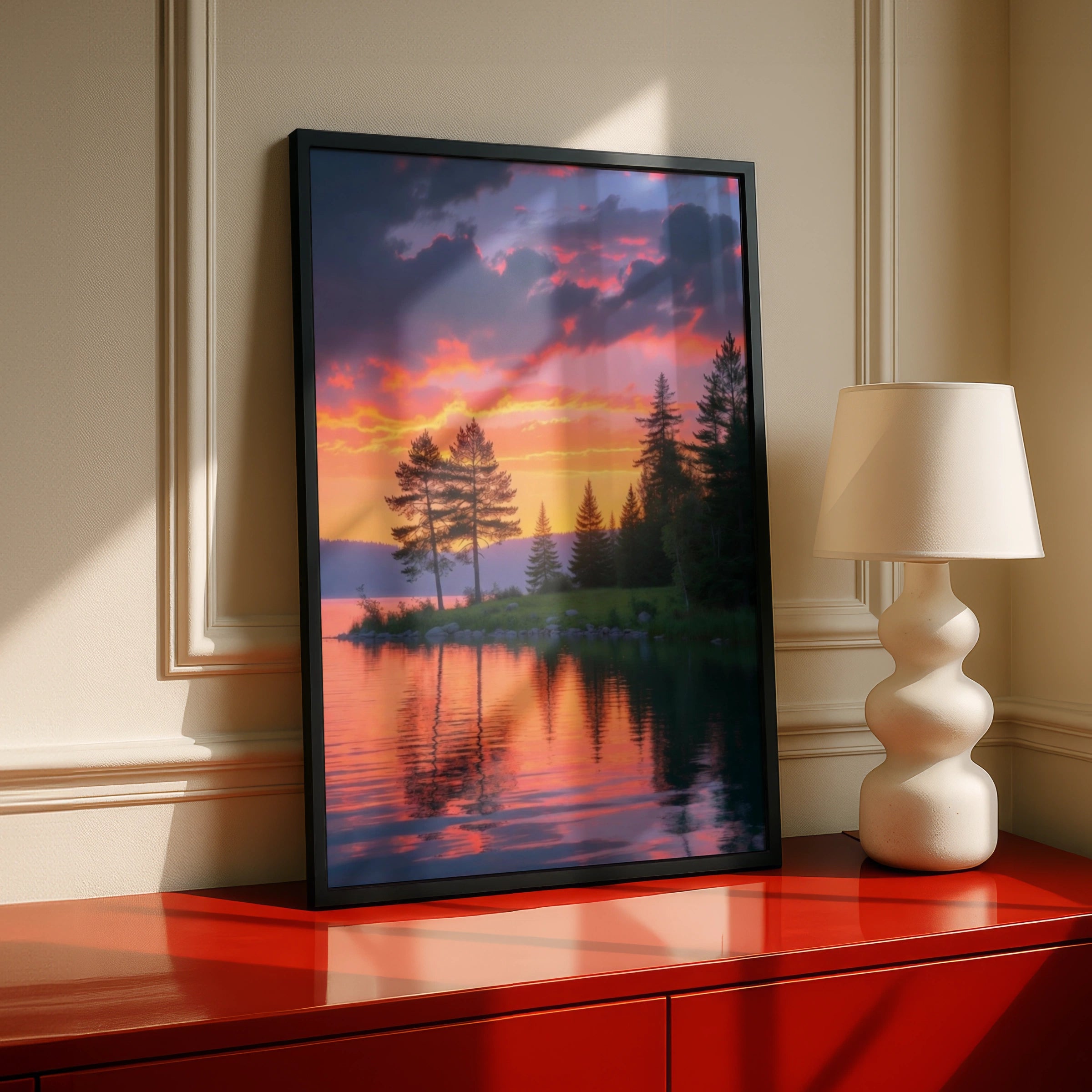Sunrise Lake Forest Poster, Pine Tree Reflection Wall Art, Orange Sky Nature Print
