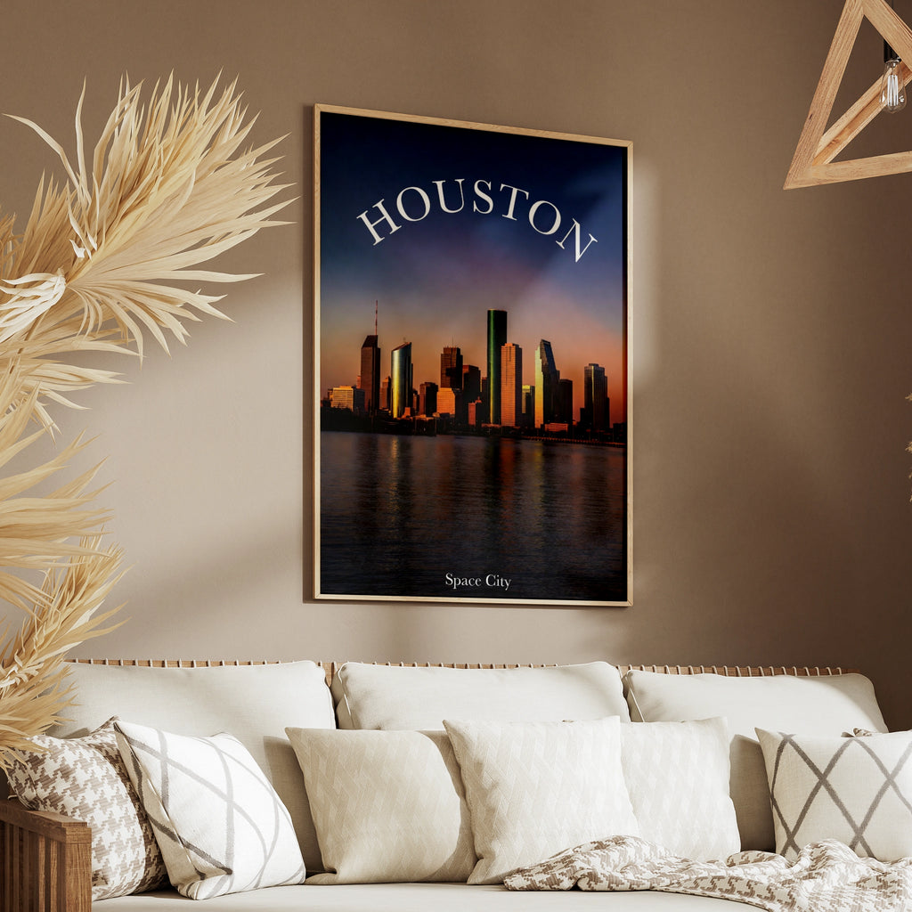 Houston Skyline Poster, Space City Texas Wall Art, Sunset Downtown Print, City Decor