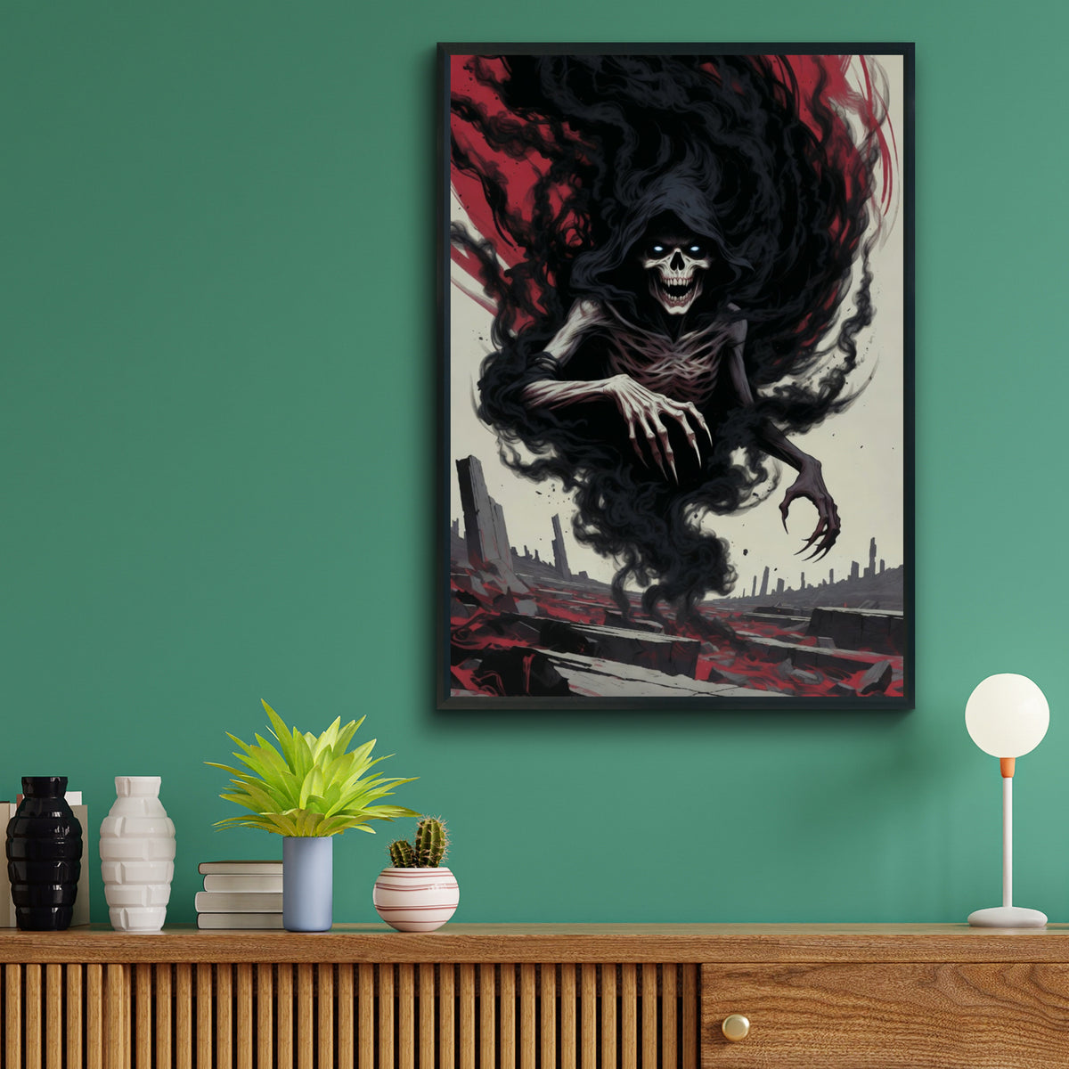 Grim Reaper Dark Art Poster, Skull Smoke Horror Wall Art, Gothic Fantasy Print, Red Black Decor