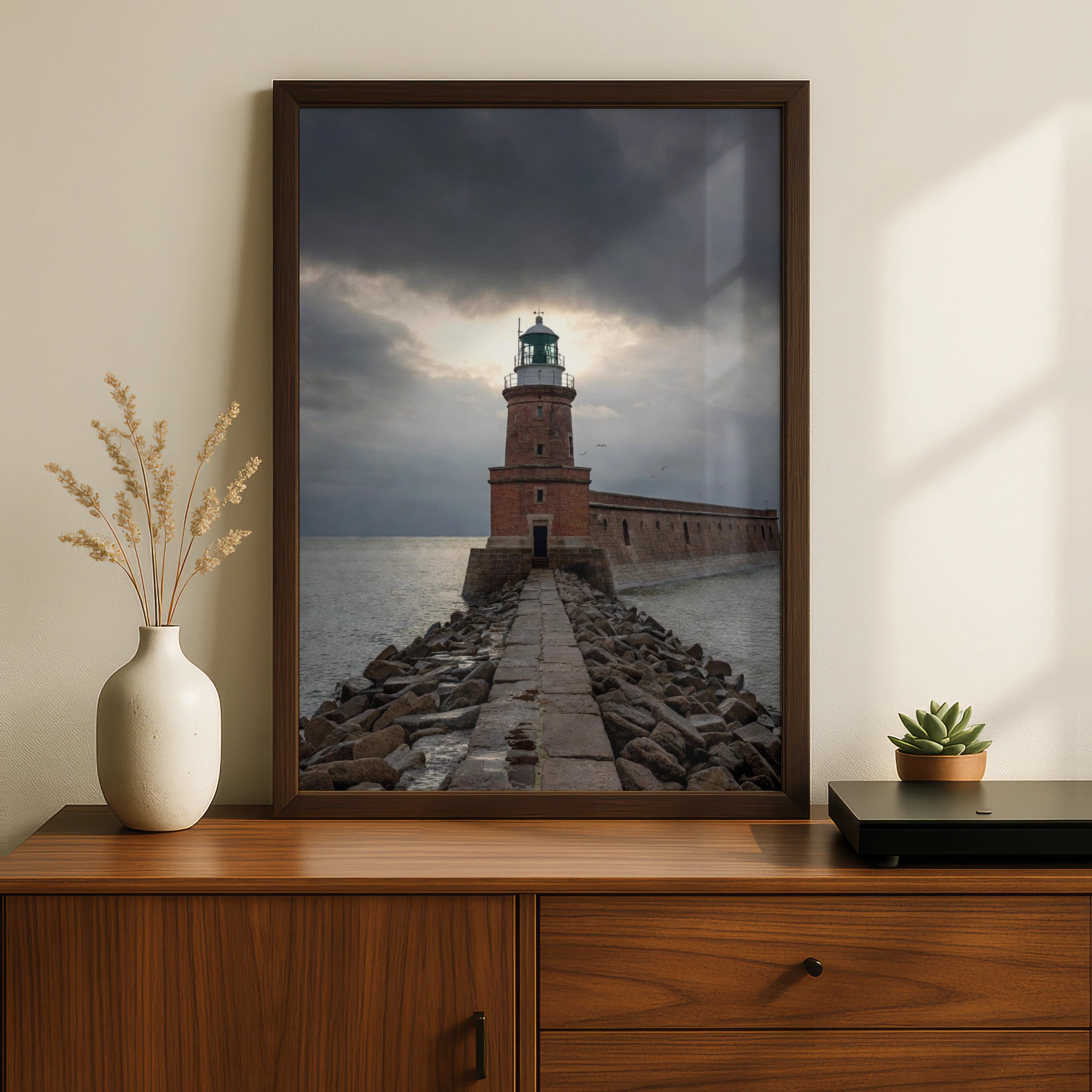 Lighthouse Poster, Stormy Sea Wall Art, Dramatic Sky Coastal Print, Nautical Decor