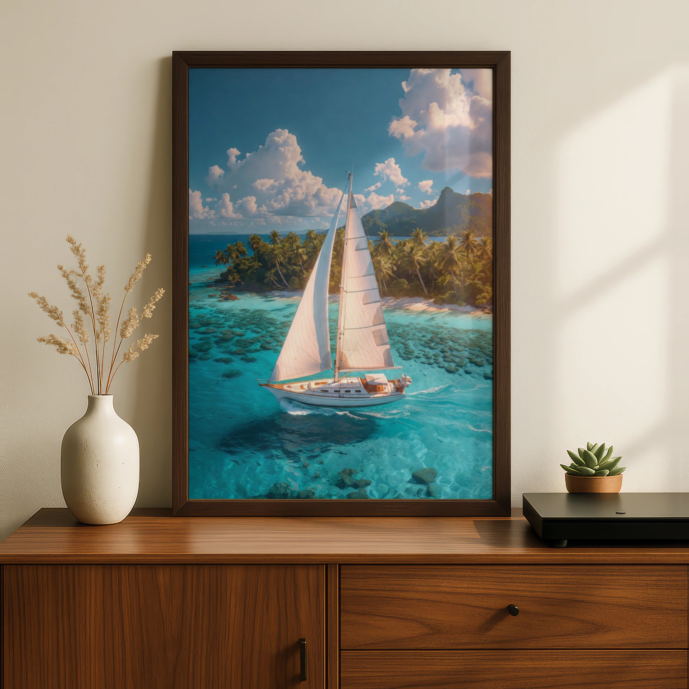Tropical Sailboat Poster, Beach Ocean Wall Art, Turquoise Sea Print, Coastal Decor
