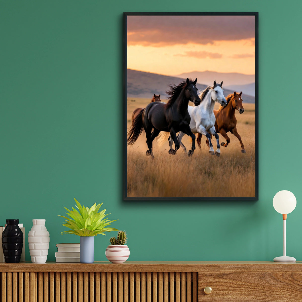 Wild Horses Running at Sunset Poster, Black White Chestnut Herd Wall Art Print