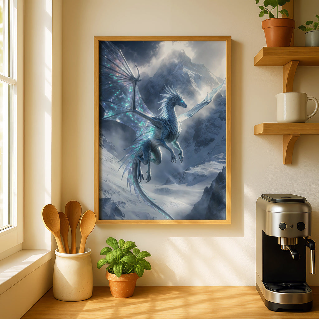 Ice Dragon Poster, Fantasy Dragon Wall Art, Blue Mythical creature, Snowy Mountain Print
