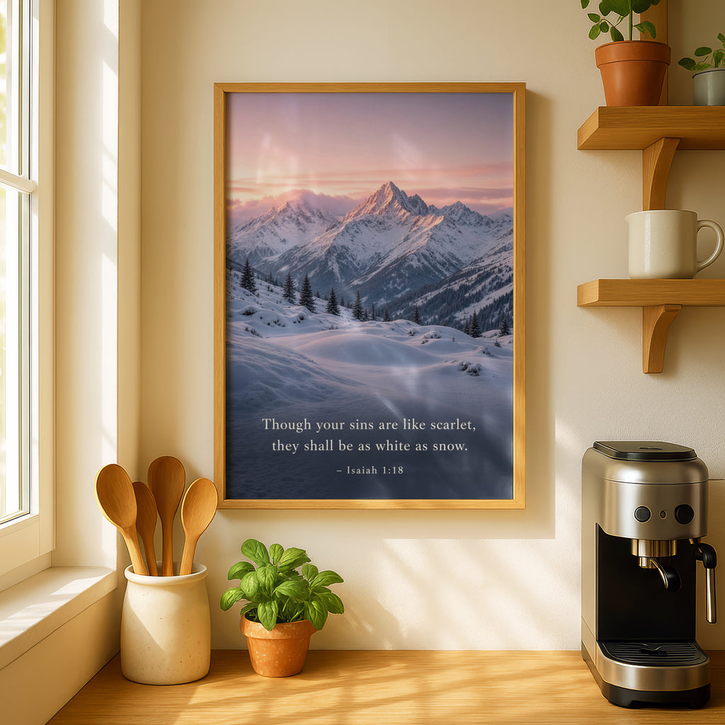 Isaiah 1:18 Bible Verse Poster, Snowy Mountain Scripture Wall Art, Christian Gift