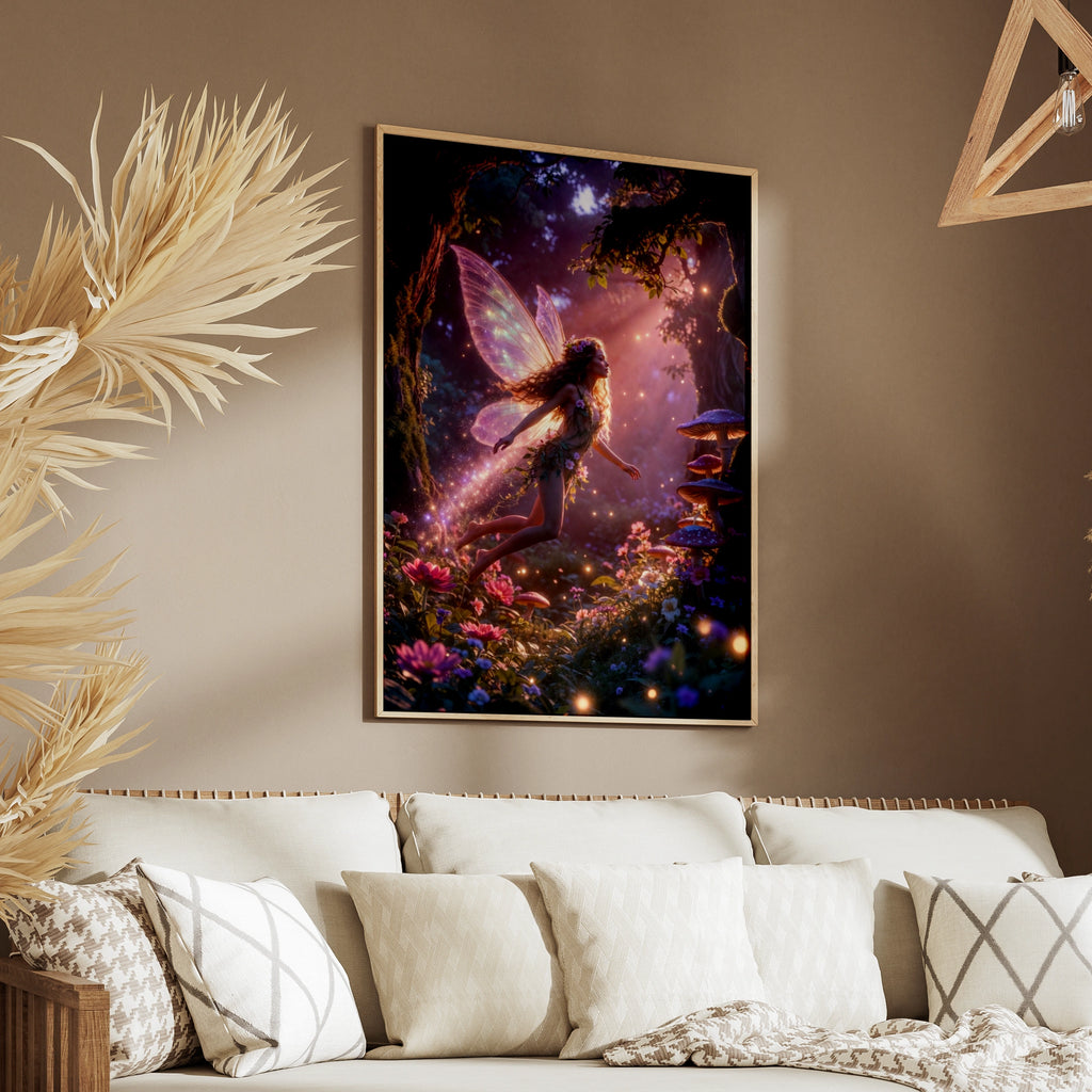 Fairy Forest Magic Poster, Enchanted Woodland Wall Art, Fantasy Fairy Print, Mushroom Glowing