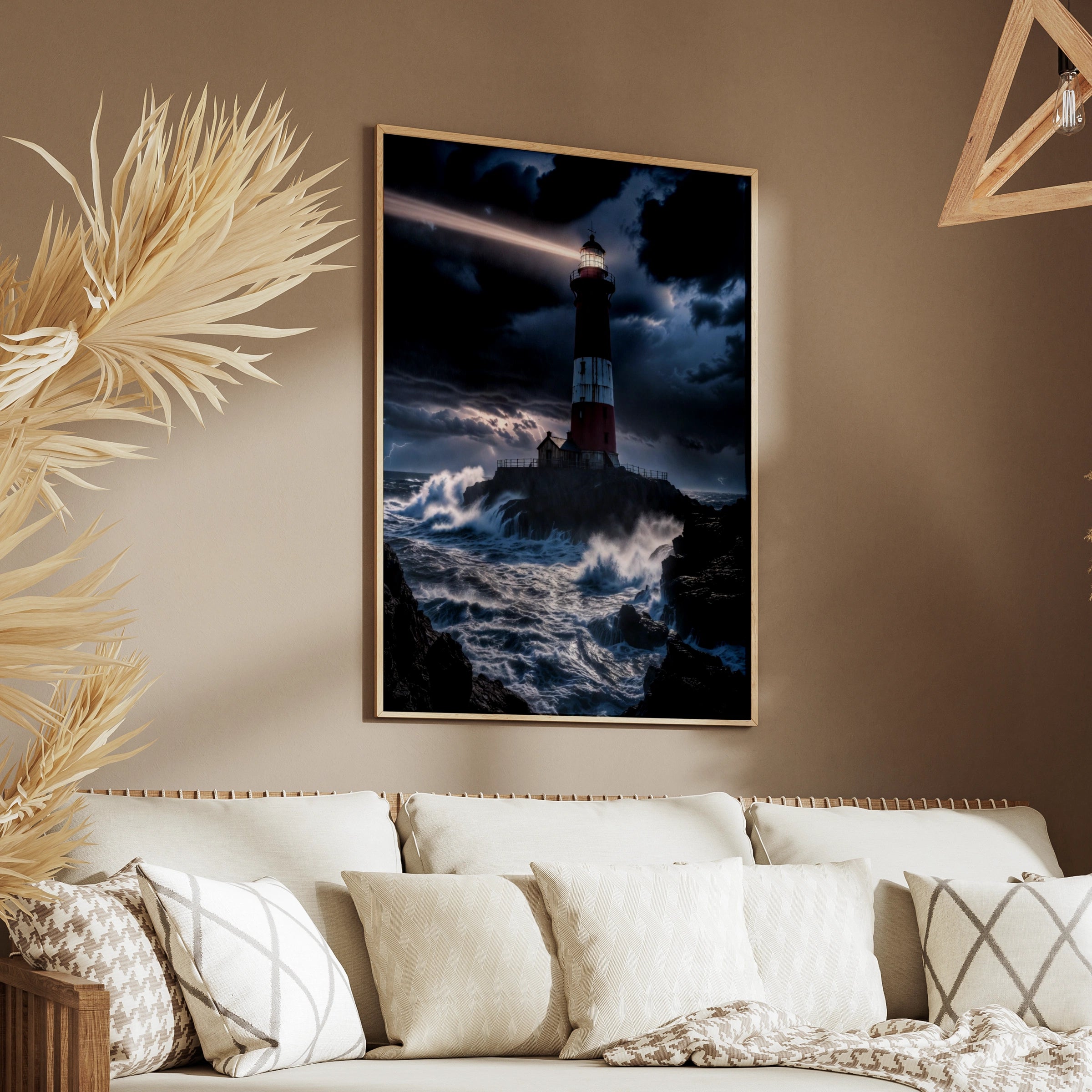 Stormy Lighthouse Poster, Red White Tower Ocean Waves Wall Art, Dark Dramatic Coastal Print