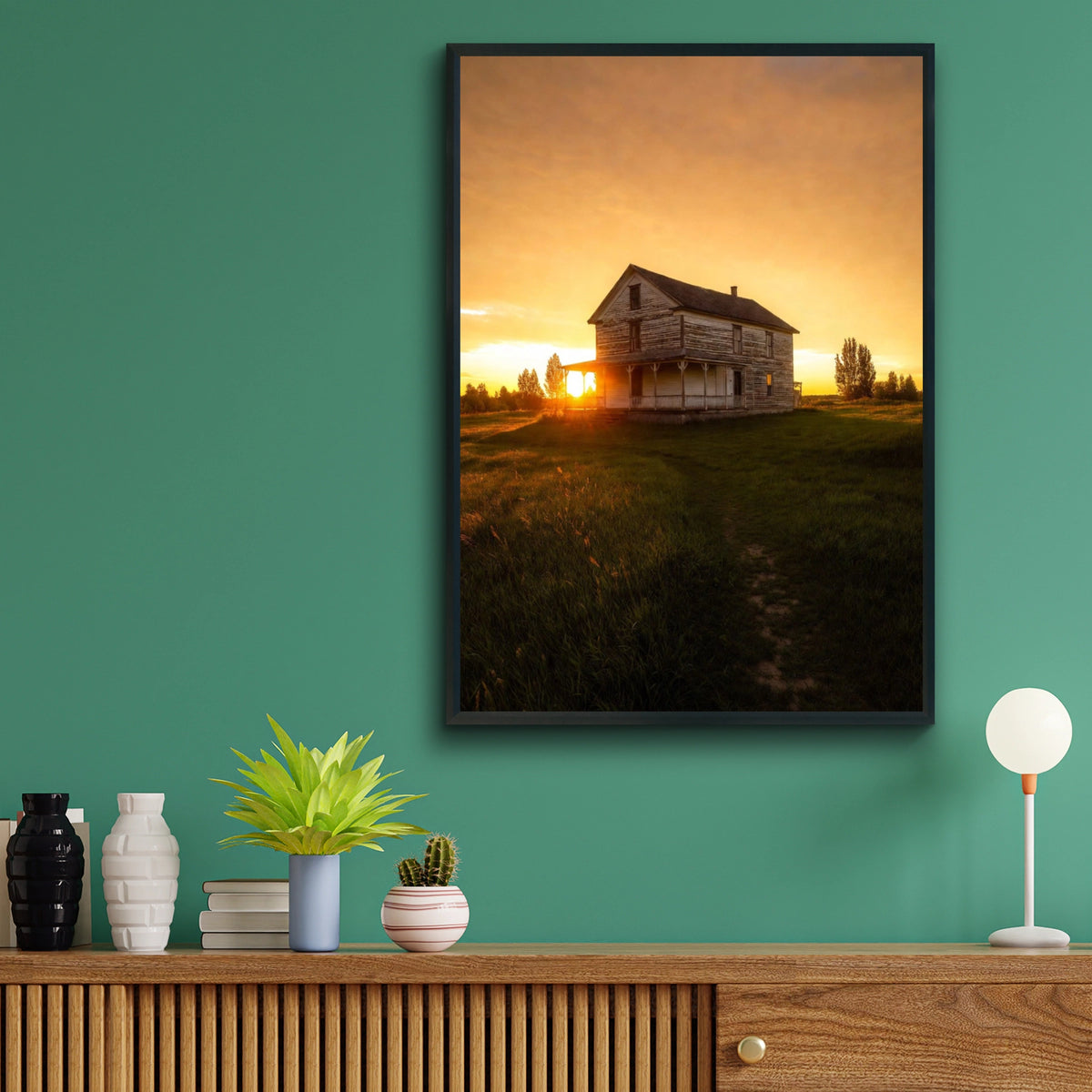 Old Farmhouse Sunset Poster, Rustic Country House Wall Art, Golden Sky Rural Print