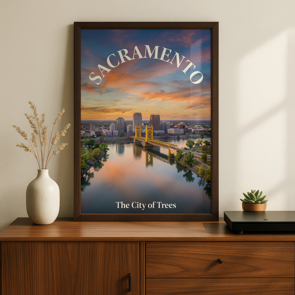 Sacramento Poster, City of Trees California Wall Art, Tower Bridge Sunset Skyline Print