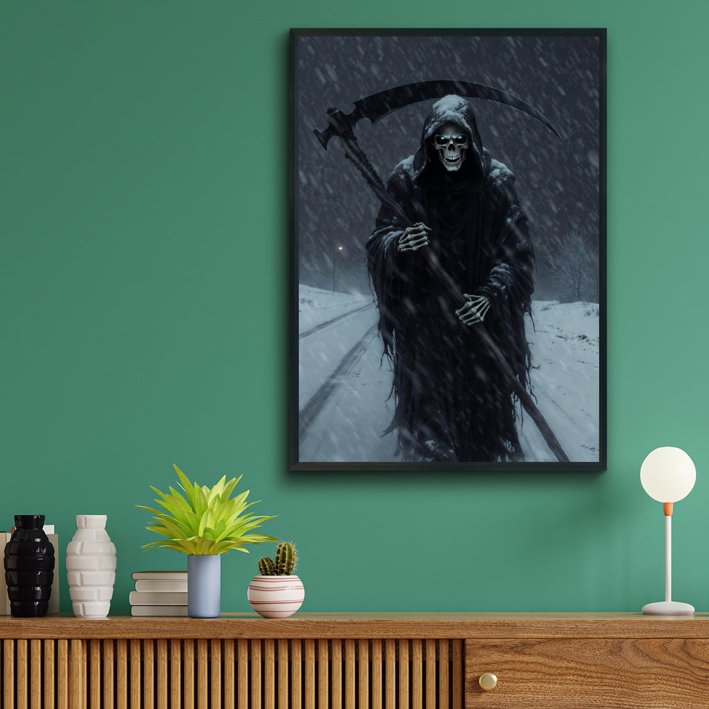 Grim Reaper Winter Snowstorm Poster, Dark Fantasy Wall Art, Skull Scythe Gothic Print