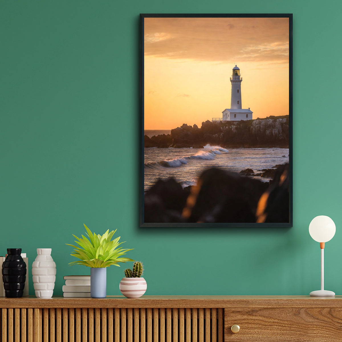 Lighthouse Sunset Poster, Coastal Ocean Wall Art, Rocky Shore Print, Golden Sky Decor