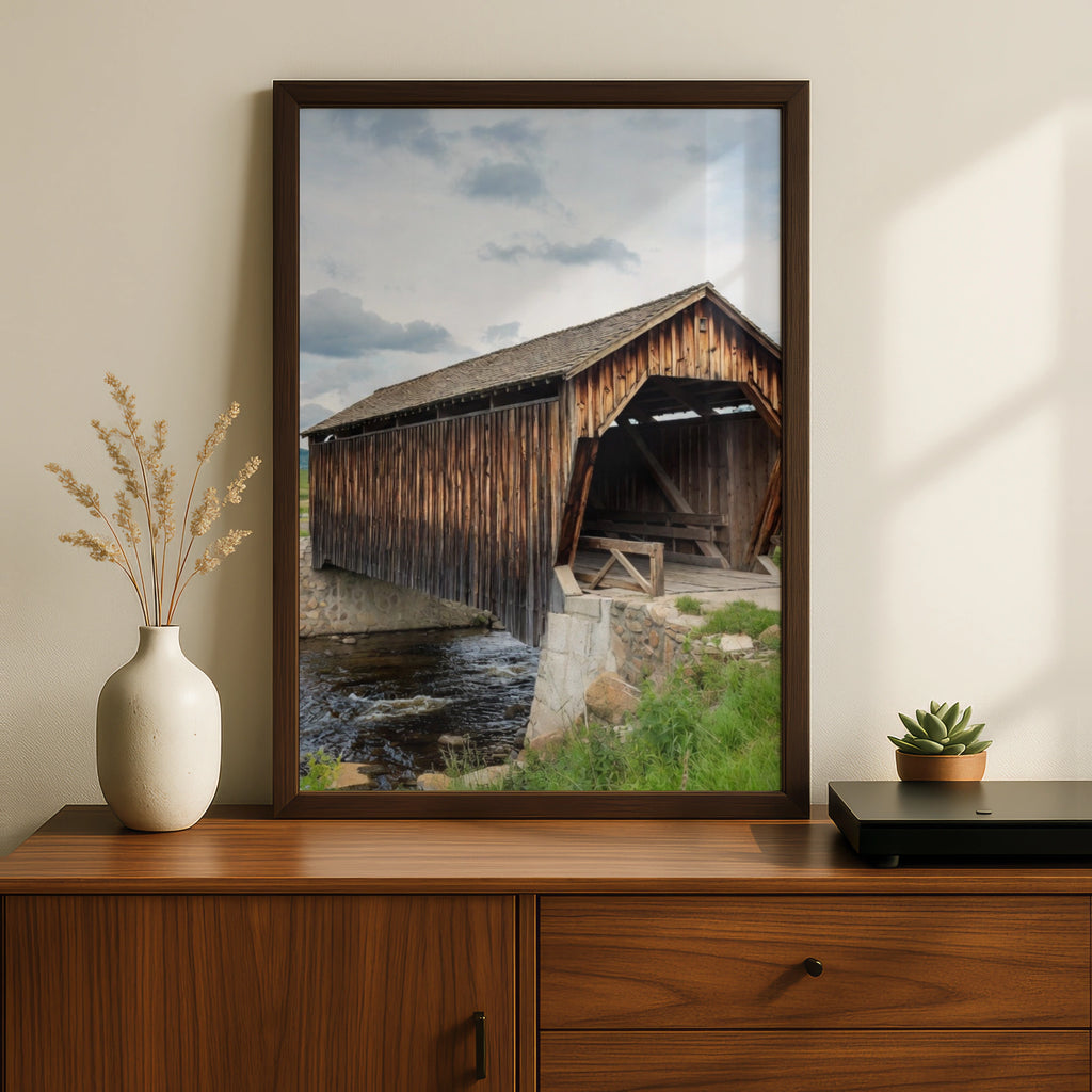 Covered Bridge Poster, Rustic Wooden Bridge Wall Art, Country Landscape Print, Rural Farmhouse Decor