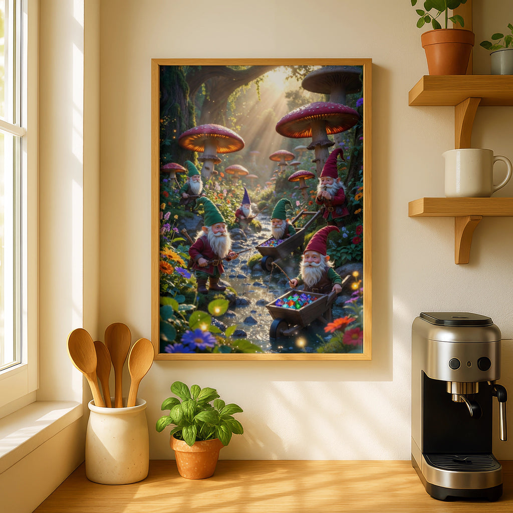 Gnome Forest Poster, Magical Mushroom Wall Art, Fantasy Gnomes Print, Enchanted Woodland Decor