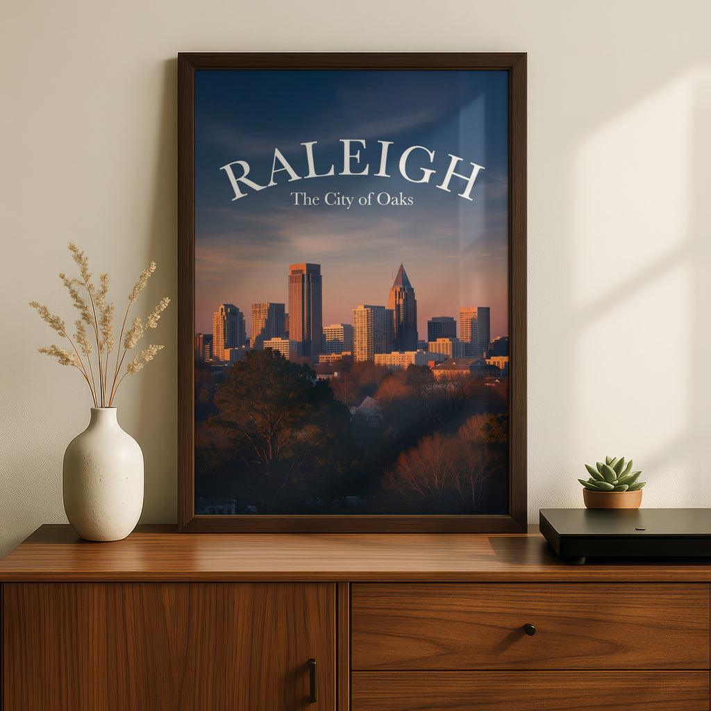 Raleigh North Carolina Skyline Poster, City of Oaks Sunset Wall Art, NC Gift