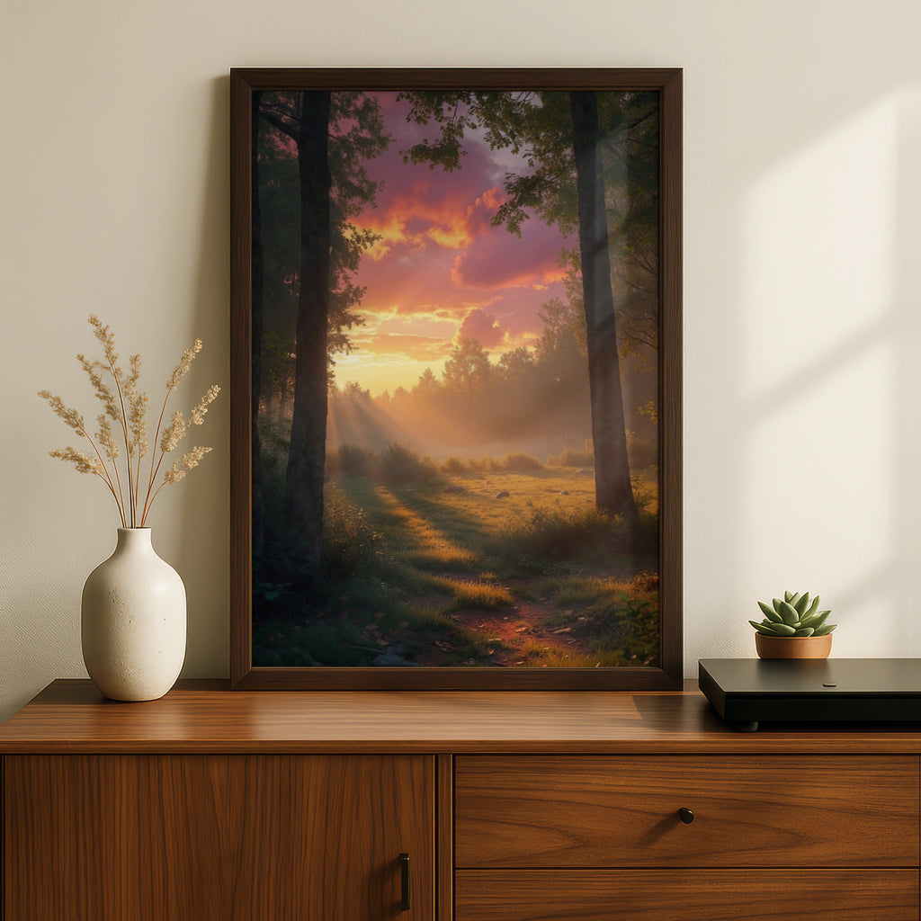 Sunset Forest Poster, Woodland Nature Wall Art, Misty Woods Print, Pink Sky Landscape