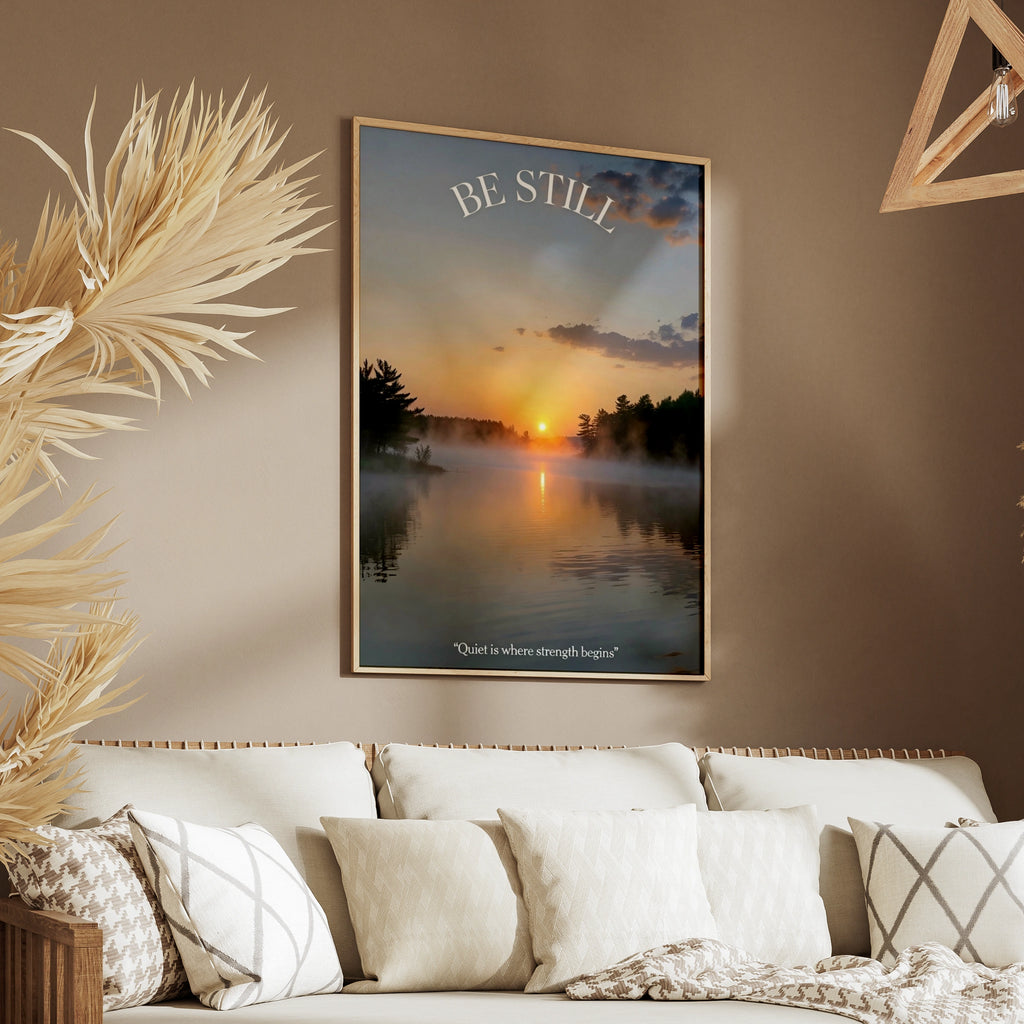 Be Still Inspirational Lake Sunrise Poster, Misty Nature Wall Art, Calm Quote Print