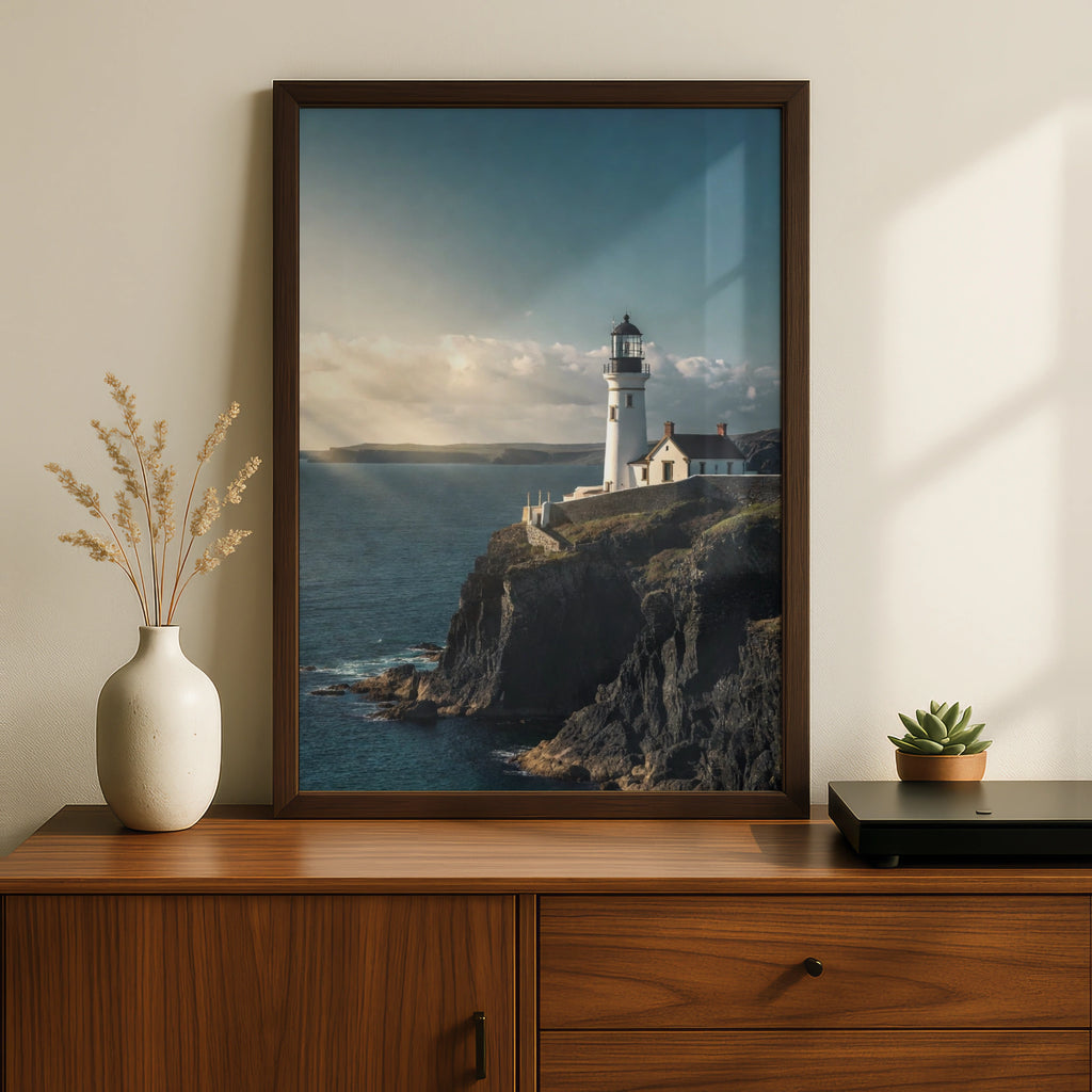 Lighthouse Cliff Ocean Poster, Coastal Wall Art, Nautical Sea Print, Blue Scenic Photo