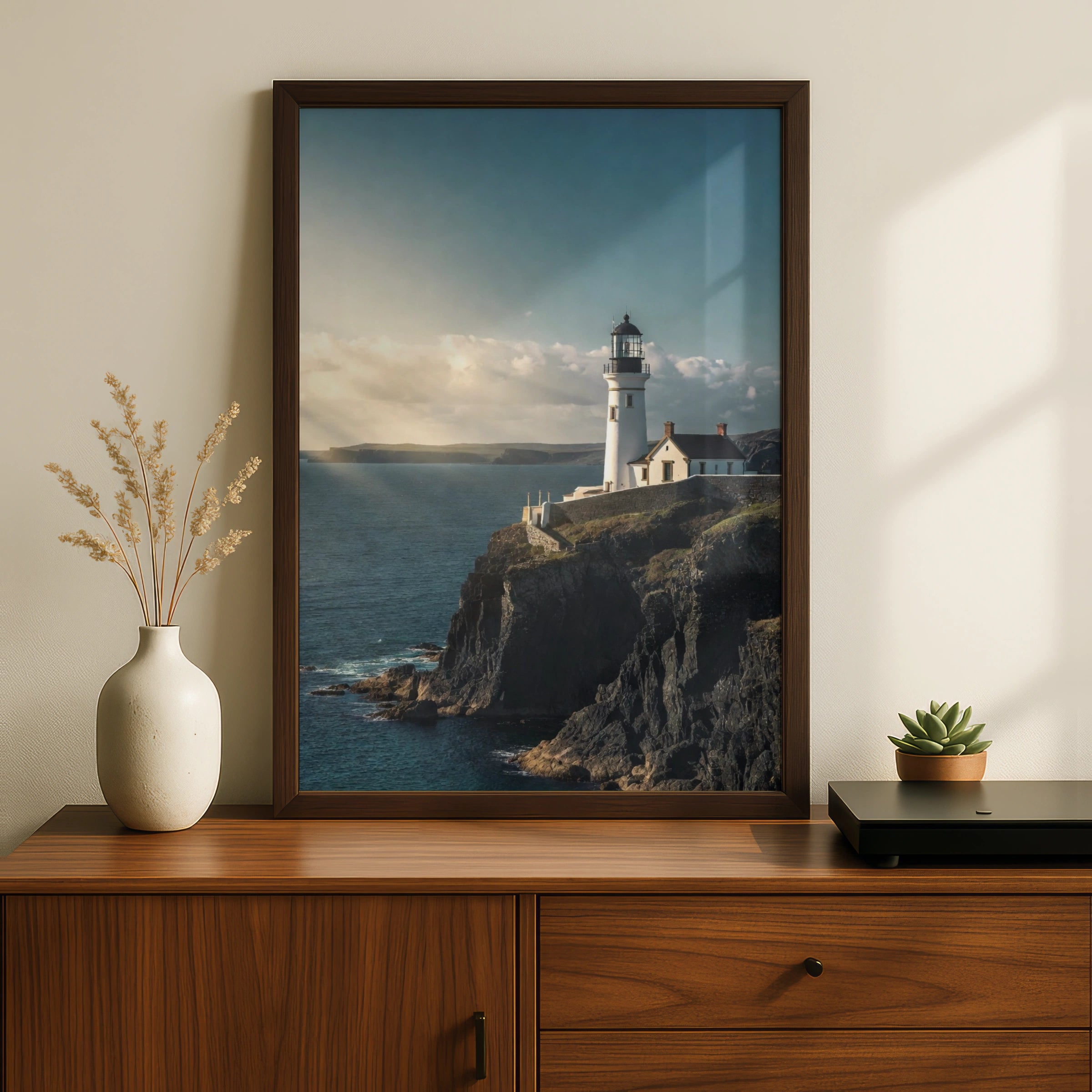 Lighthouse Cliff Ocean Poster, Coastal Wall Art, Nautical Sea Print, Blue Scenic Photo
