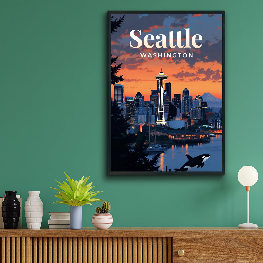 Seattle Washington Travel Poster, Space Needle Skyline Wall Art, Orca Sunset Print