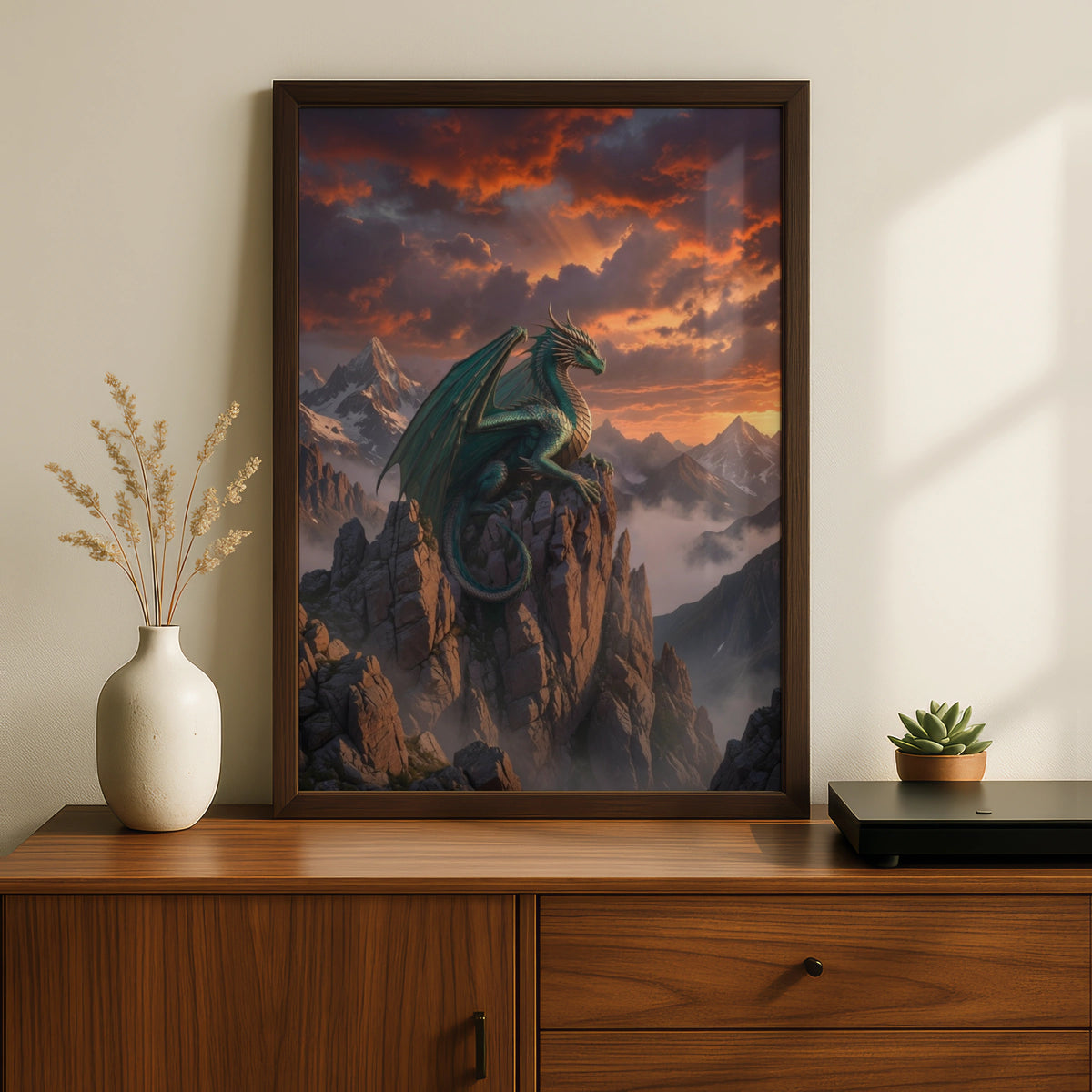 Dragon Mountain Sunset Poster, Fantasy Wall Art, Teal Dragon Print, Epic Sky Decor