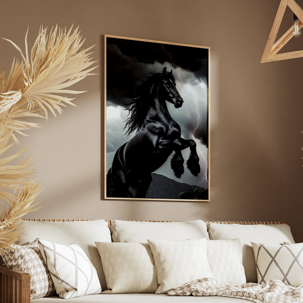 Black Horse Rearing in Storm Poster, Dramatic Lightning Wall Art, Friesian Print