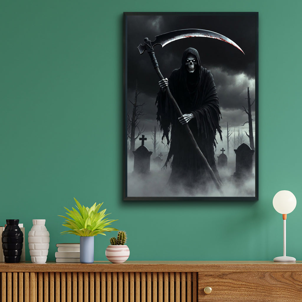 Grim Reaper Poster, Dark Gothic Wall Art, Skull Scythe Graveyard Print, Halloween Horror Decor