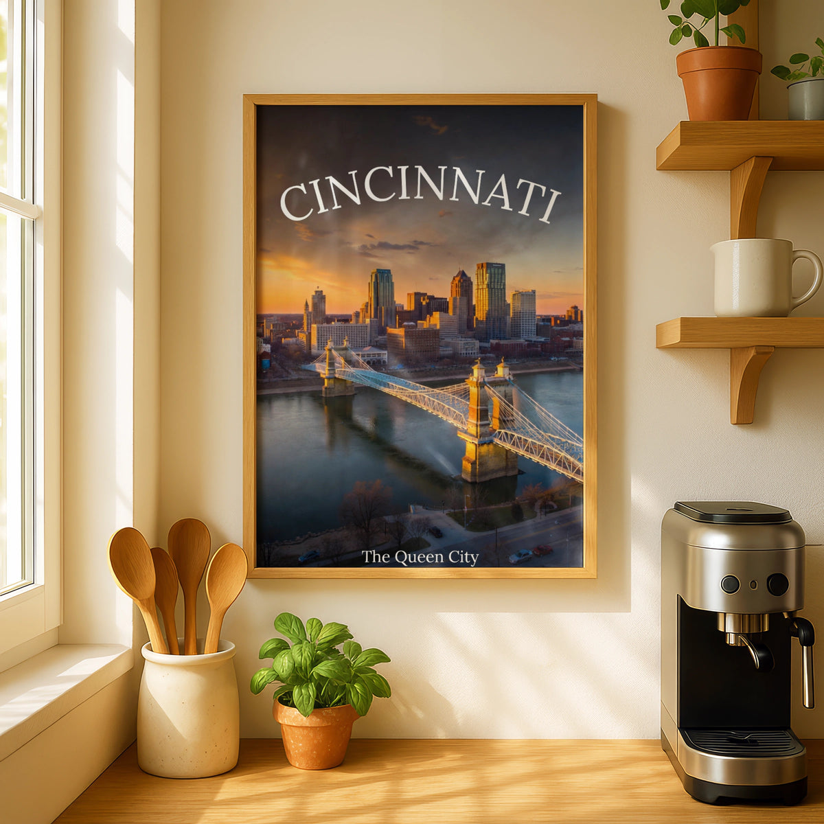 Cincinnati Skyline Poster, Queen City Ohio Wall Art, Roebling Bridge Sunset Print
