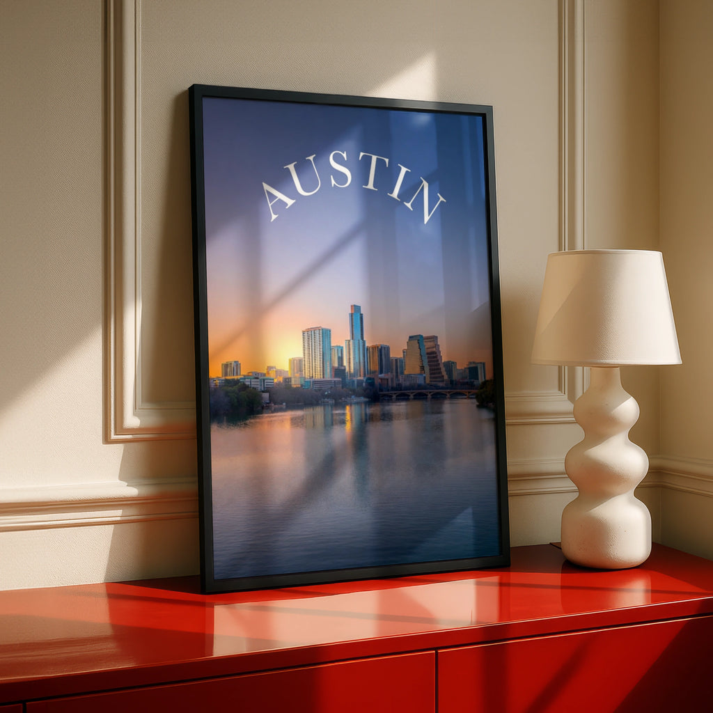 Austin Texas Skyline Poster, City Wall Art, Sunset Lake Reflection Print, Texas Gift