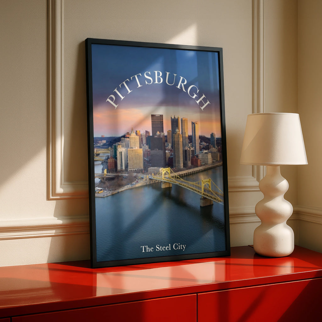 Pittsburgh Skyline Poster, Steel City Wall Art, Yellow Bridge Pennsylvania Print