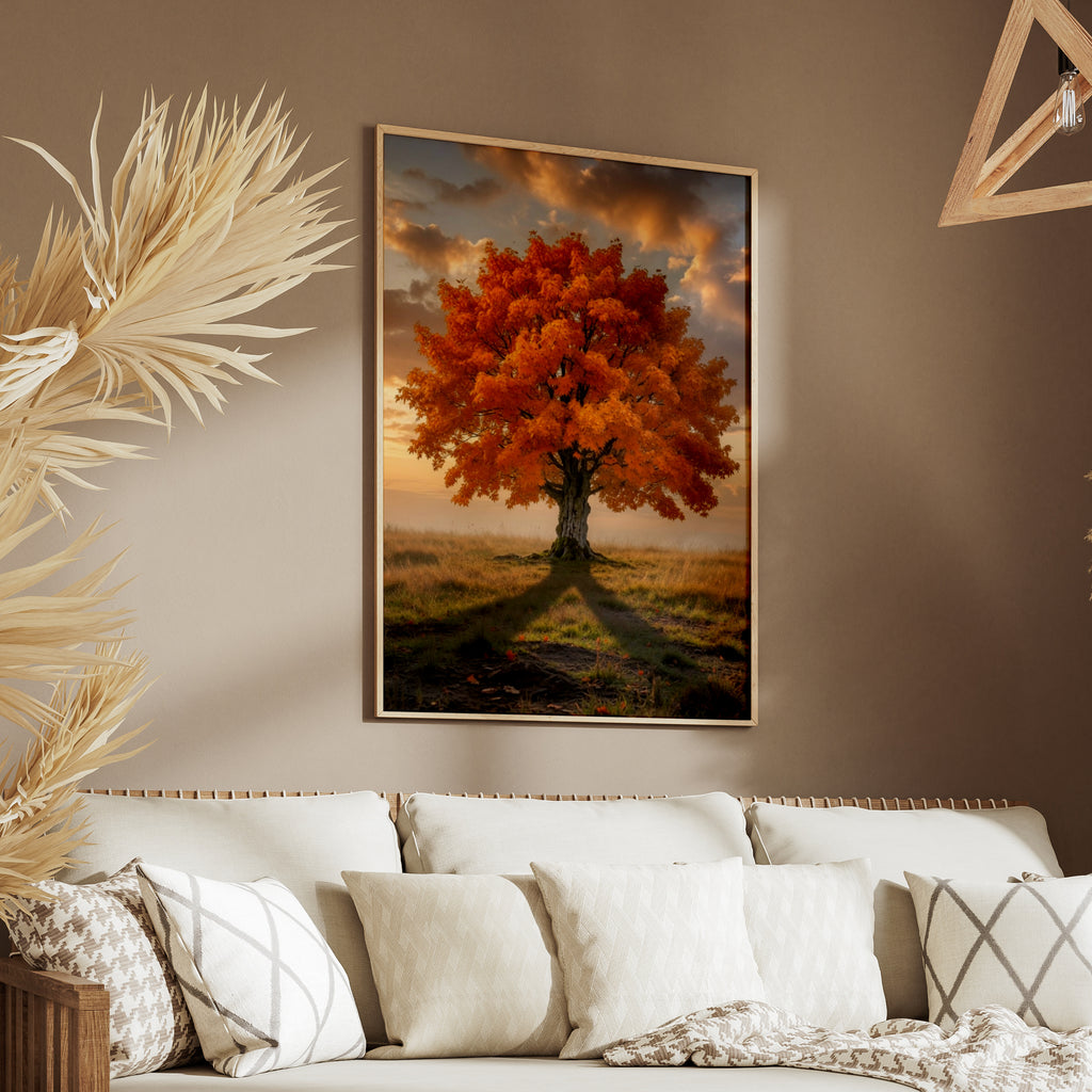 Fall Tree Poster, Autumn Orange Foliage Wall Art, Lone Tree Sunset Nature Print, Living Room Decor