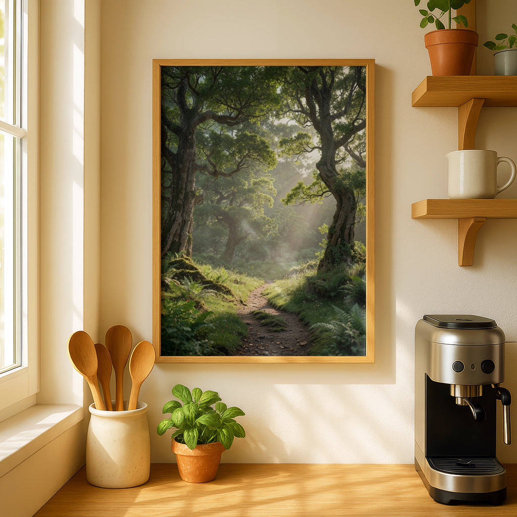 Enchanted Forest Path Poster, Misty Woodland Wall Art, Green Nature Print, Sunlit Trees
