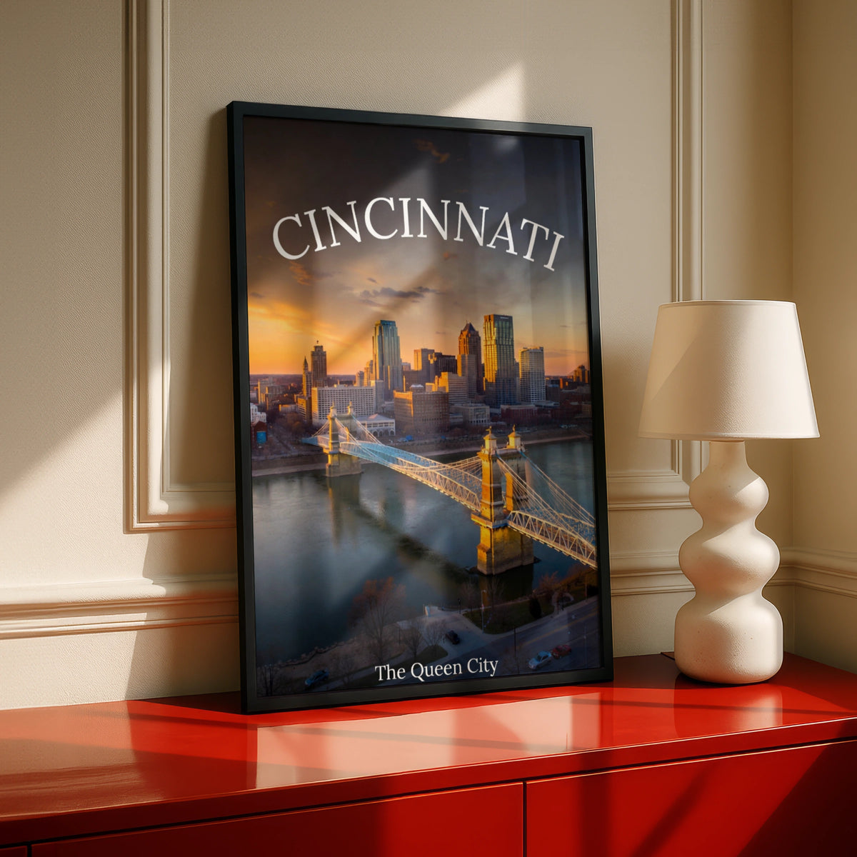 Cincinnati Skyline Poster, Queen City Ohio Wall Art, Roebling Bridge Sunset Print