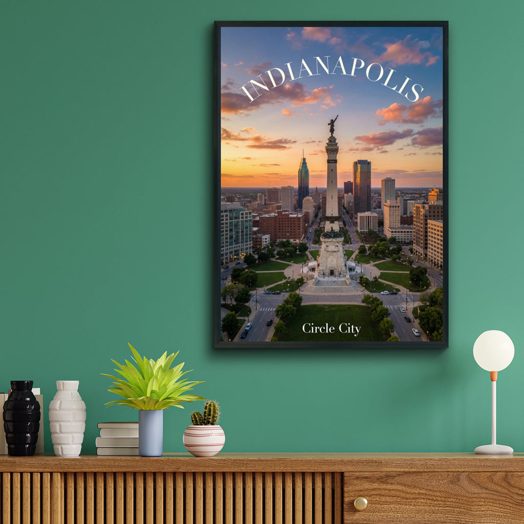 Indianapolis Poster, Circle City Skyline Wall Art, Indiana Monument Print, Sunset