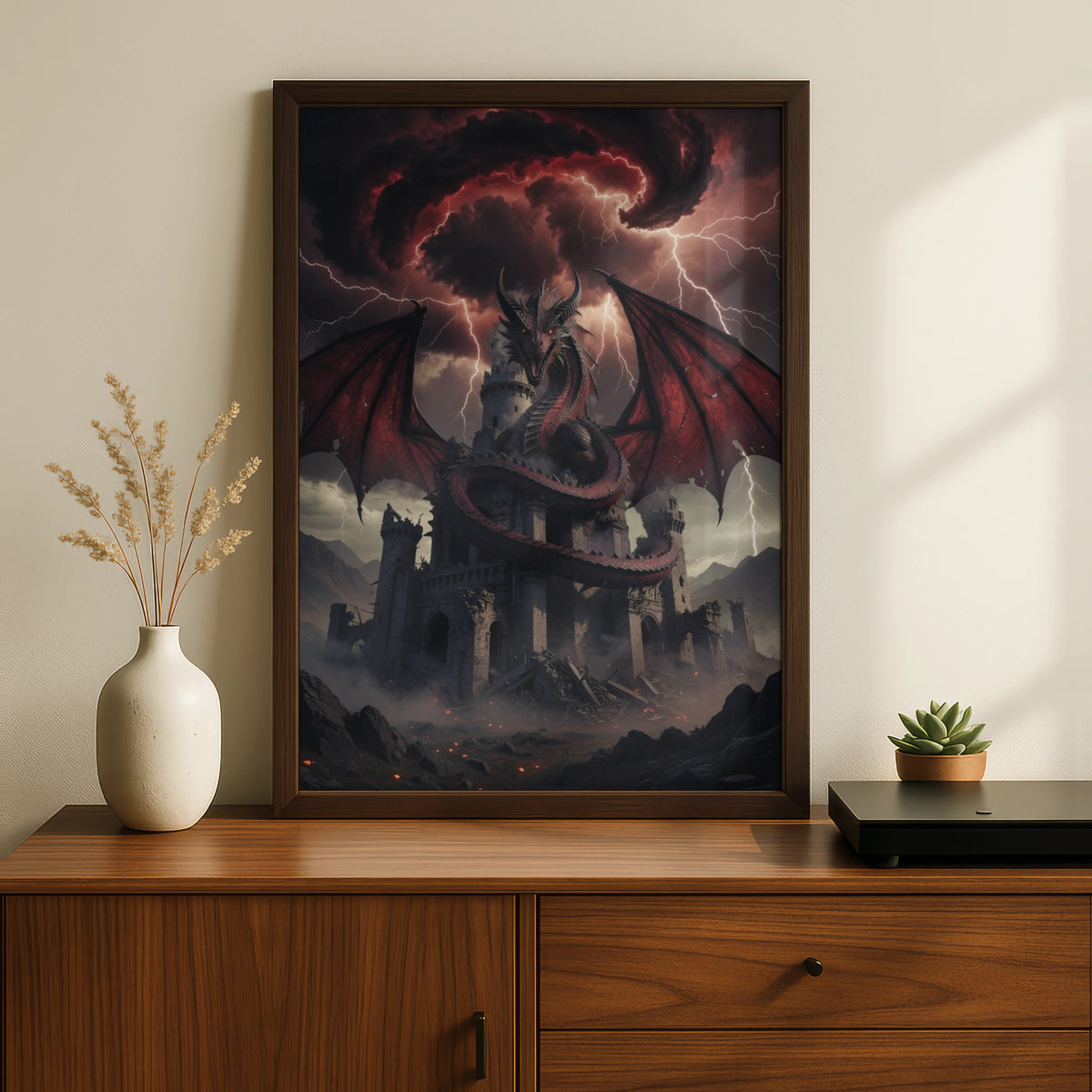 Red Dragon Castle Poster, Dark Fantasy Wall Art, Gothic Storm Lightning Print