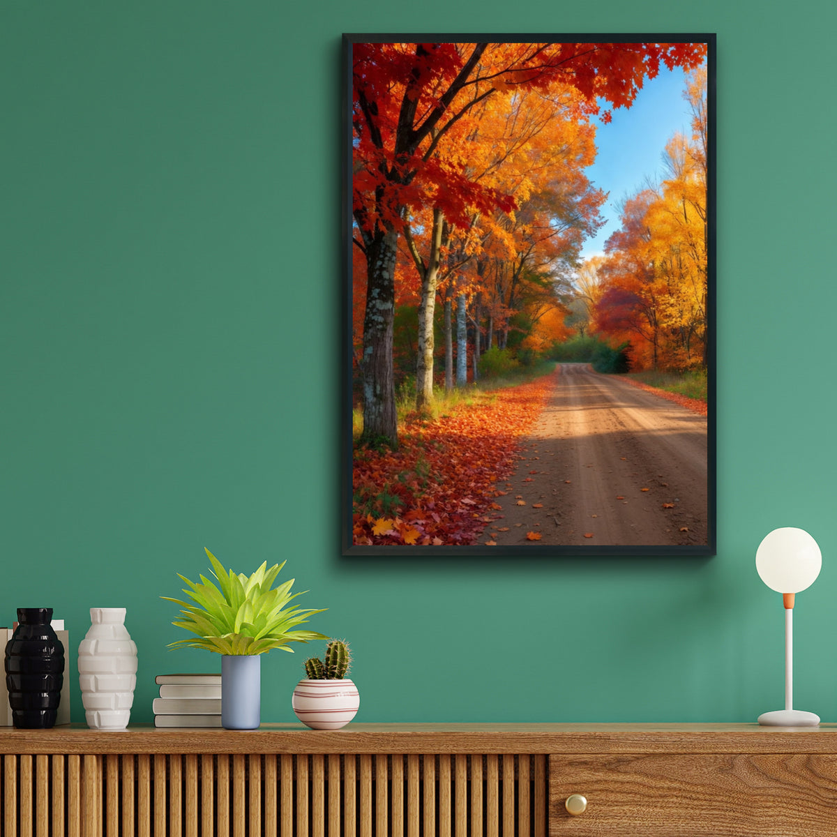Fall Foliage Road Poster, Autumn Country Lane Wall Art, Orange Red Leaf Nature Print
