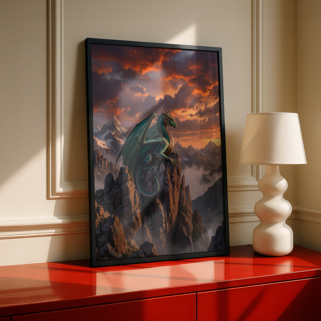 Dragon Mountain Sunset Poster, Fantasy Wall Art, Teal Dragon Print, Epic Sky Decor