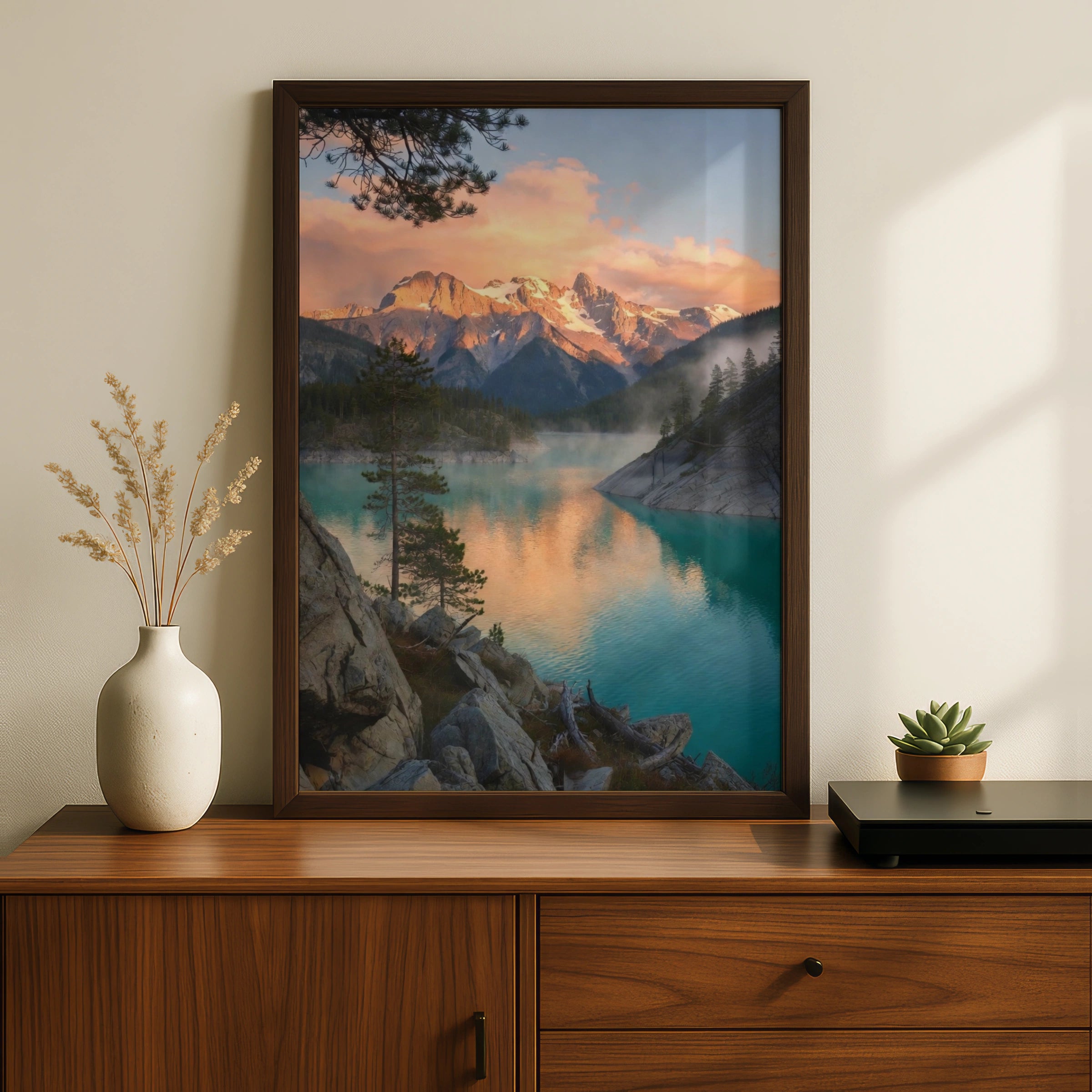 Mountain Lake Sunset Poster, Turquoise Water Nature Wall Art, Snowy Peaks Pine Tree Print