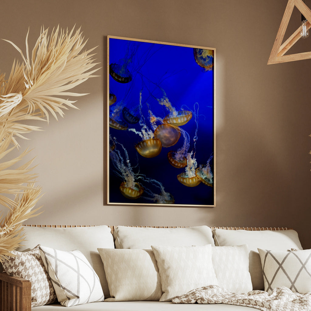 Jellyfish Wall Art, Ocean Photography Poster, Blue Underwater Sea Life Print