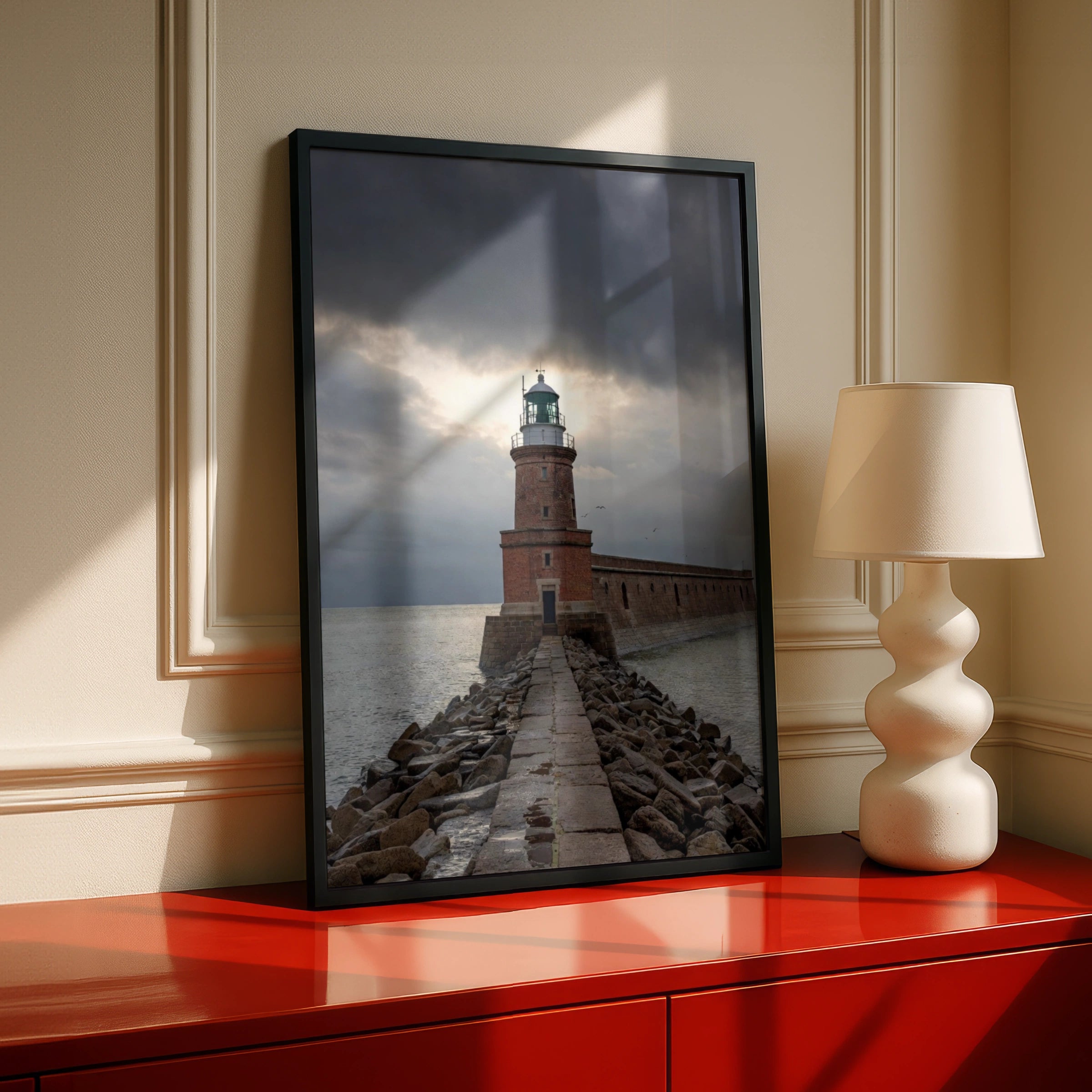Lighthouse Poster, Stormy Sea Wall Art, Dramatic Sky Coastal Print, Nautical Decor