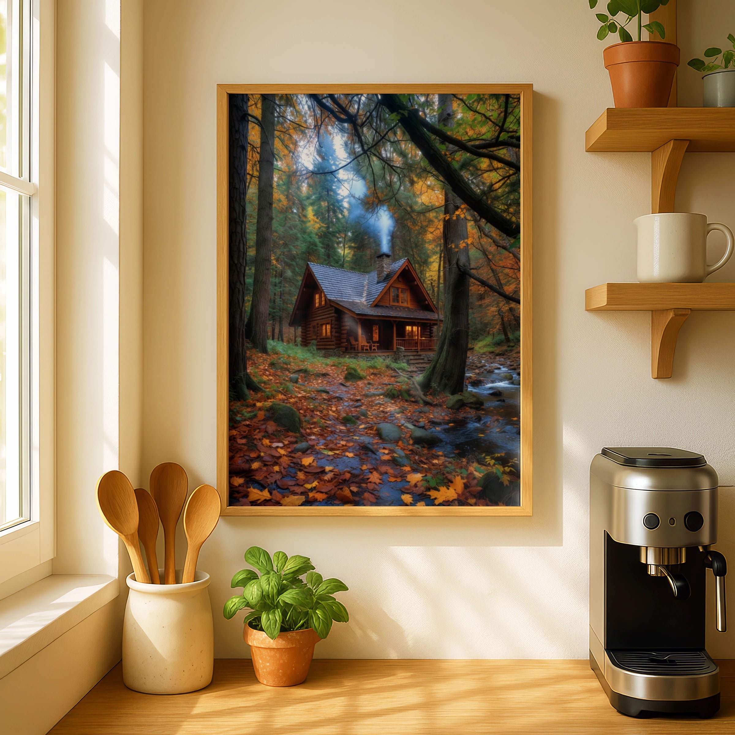 Cozy Log Cabin Autumn Forest Poster, Peaceful Woodland Retreat Wall Art Print