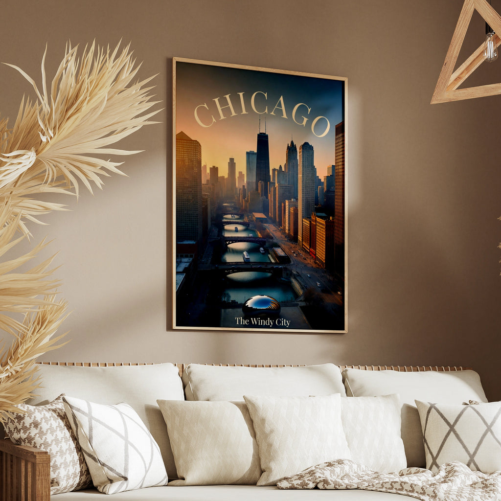 Chicago Skyline Poster, The Windy City Wall Art, Chicago River Print, Illinois