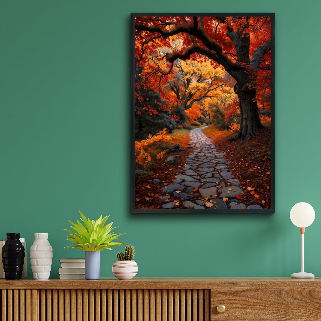 Fall Forest Path Poster, Autumn Colors Nature Wall Art, Red Orange Foliage Stone Path Print