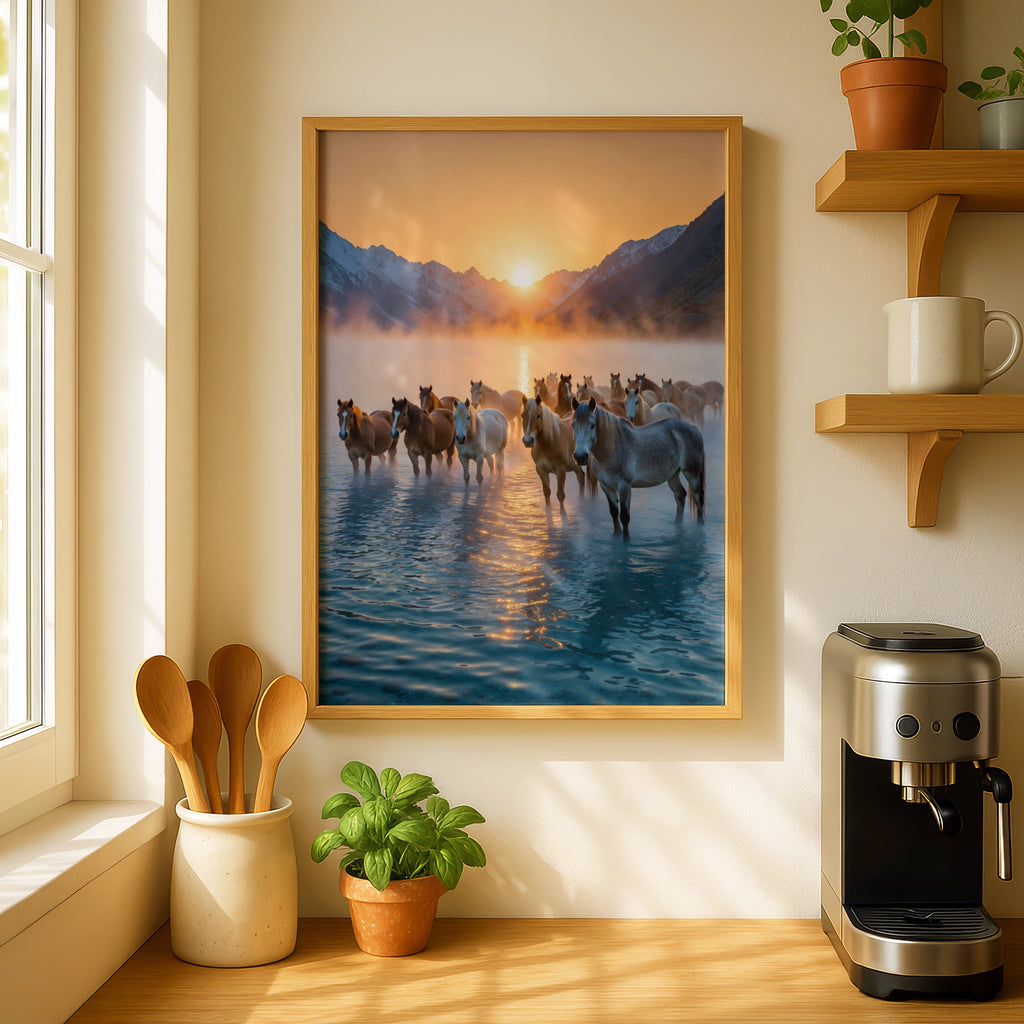 Wild Horses Sunset Mountain Lake Poster, Herd Horse Wall Art, Golden Sky Print