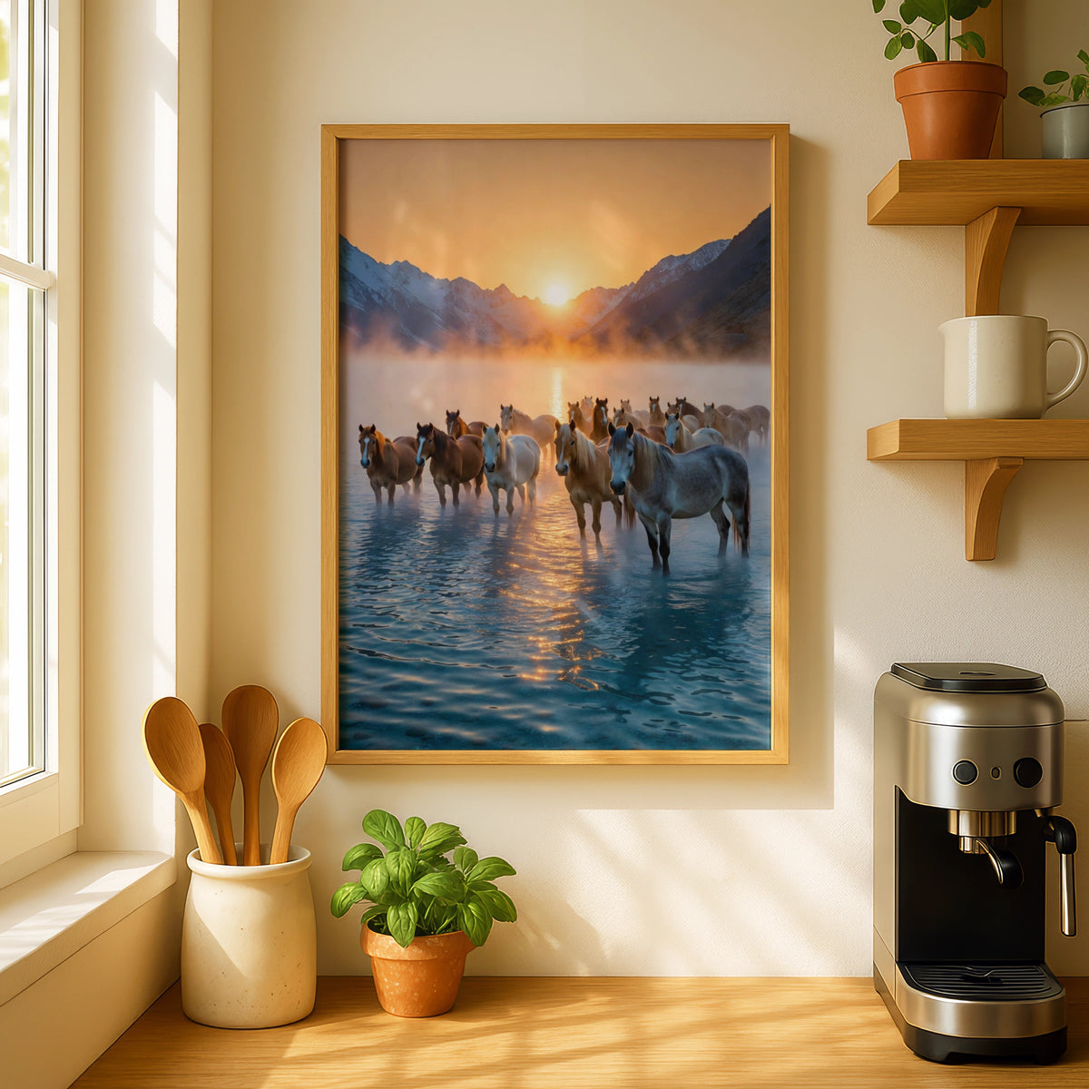 Wild Horses Sunset Mountain Lake Poster, Herd Horse Wall Art, Golden Sky Print